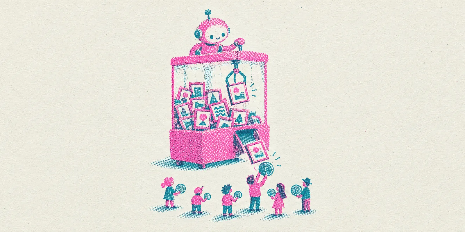 A small robot runs a claw machine full of framed pictures and drops one to a crowd of people holding coins