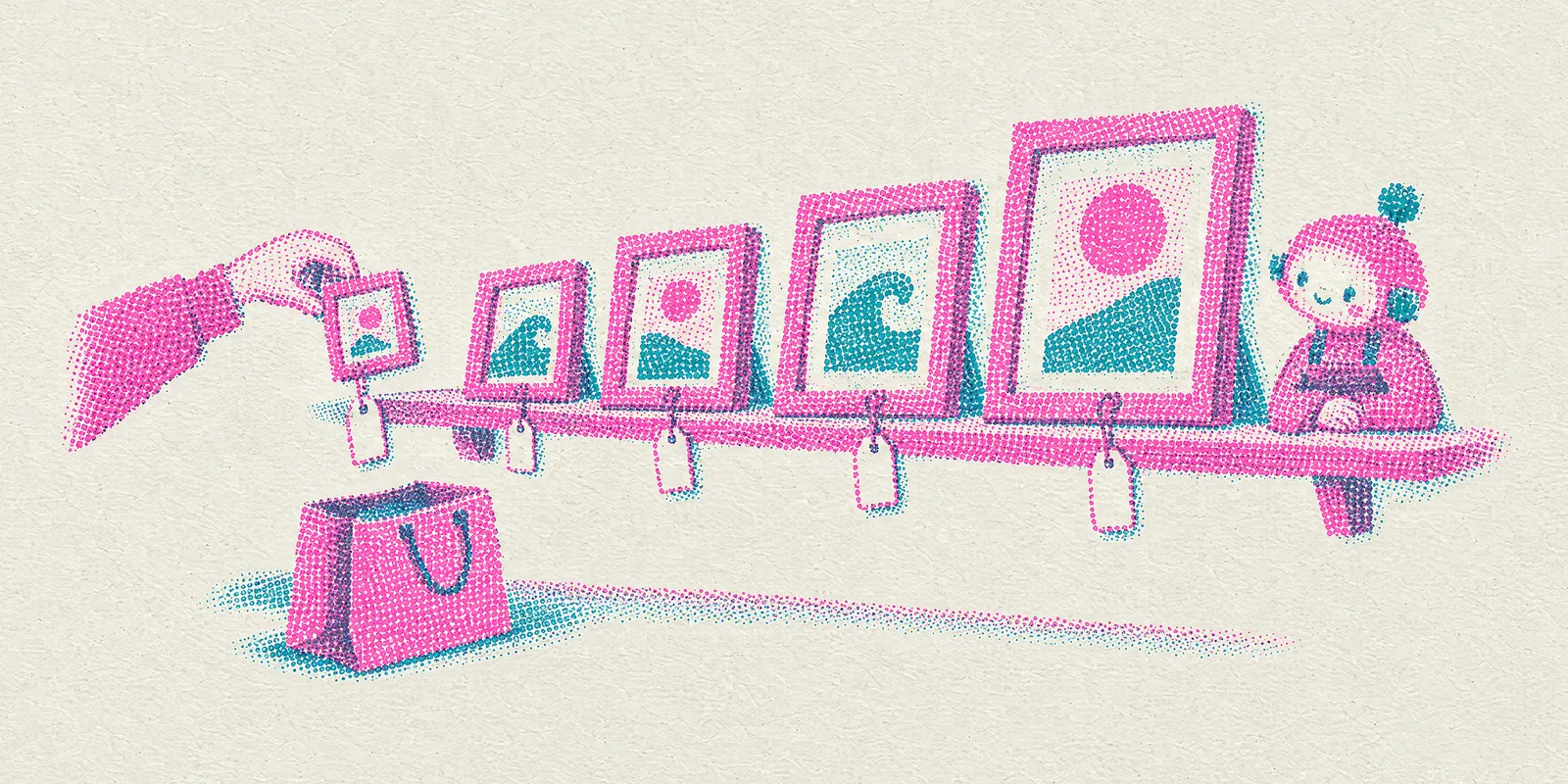 A hand picks the smallest framed picture from a shelf of frames sorted by size, a shopping bag waits below