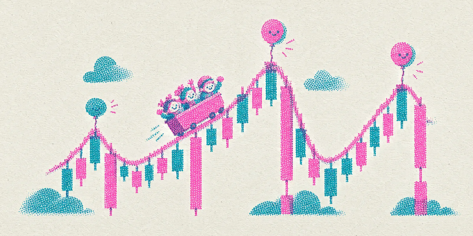 A rollercoaster whose track is a candlestick chart, with balloons tied to the peaks