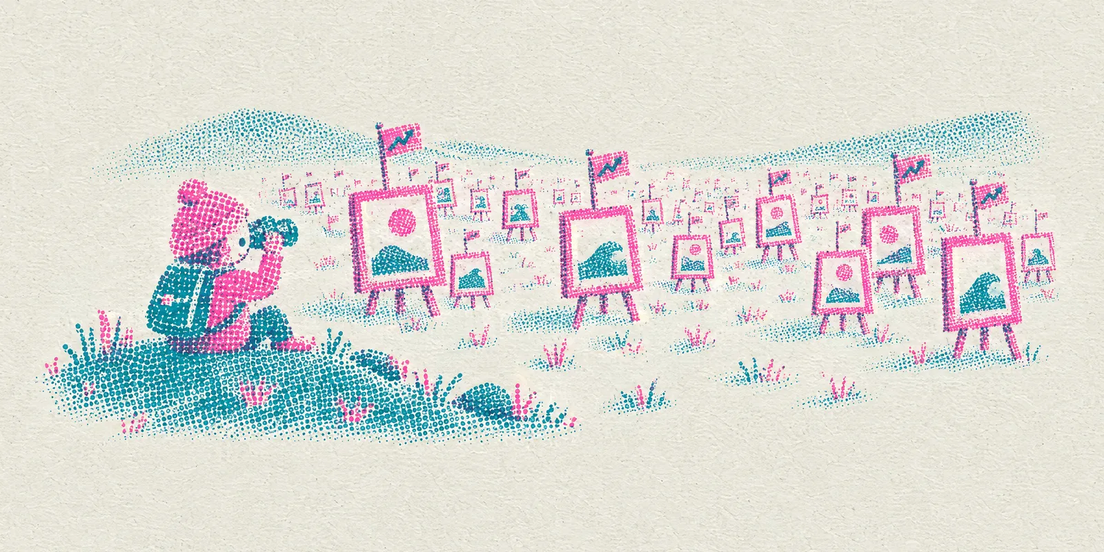 A person on a hill looks through binoculars at a valley full of framed pictures on easels
