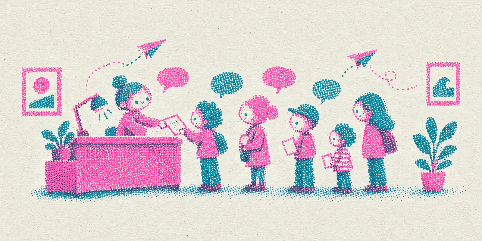 A help desk where a person hands notes to a line of people, paper planes and speech bubbles above