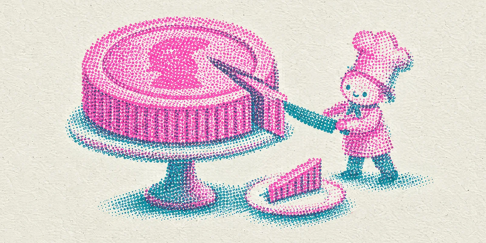 A chef cuts a thin slice from a giant coin sitting on a cake stand