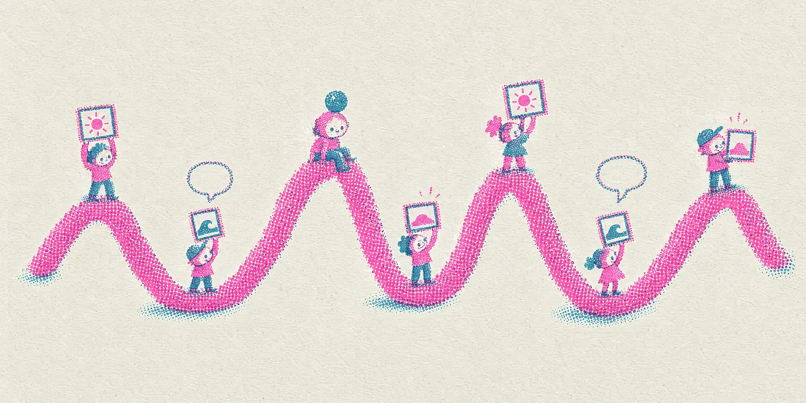 A pink price line running like a hilly road, small people standing on its peaks holding framed pictures