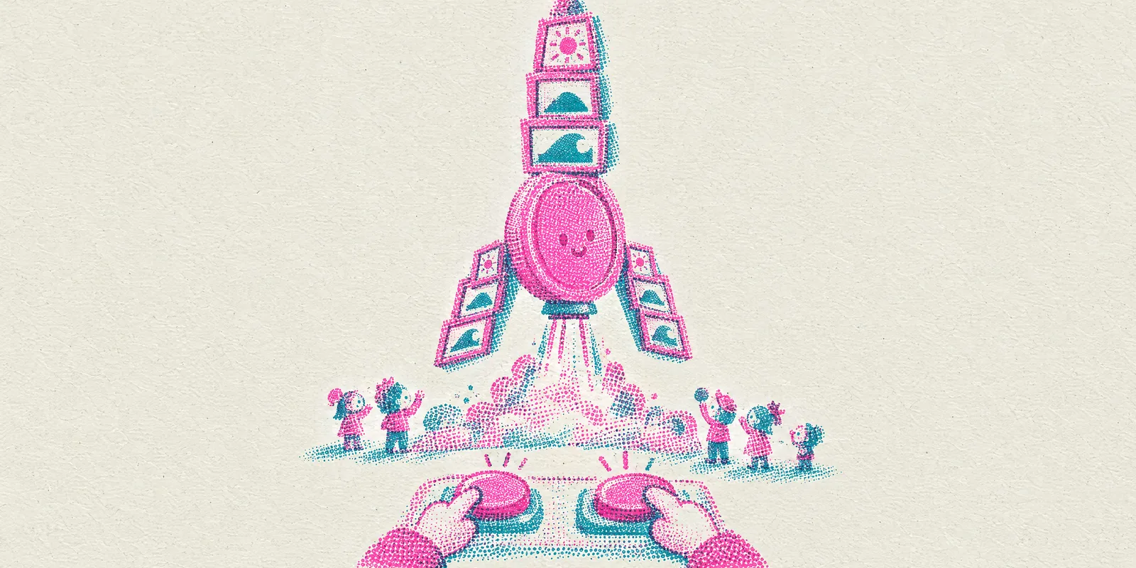 A rocket made of a giant coin and a stack of framed pictures lifts off while two hands press two big buttons