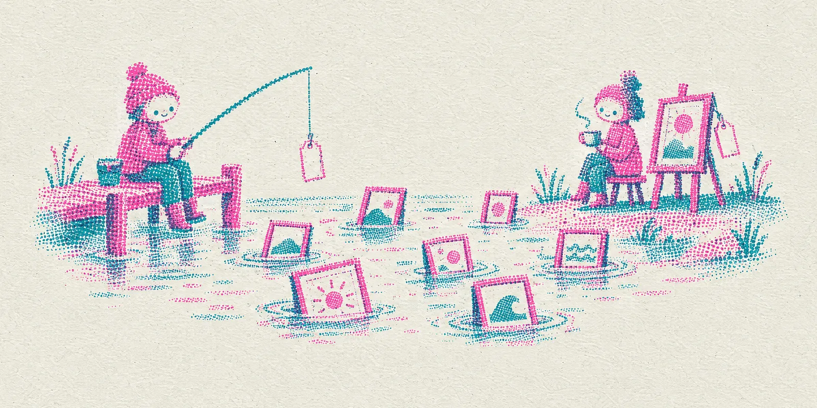 A person fishes from a dock with a price tag as bait in a pond of floating frames, another waits on the far shore next to a framed picture for sale