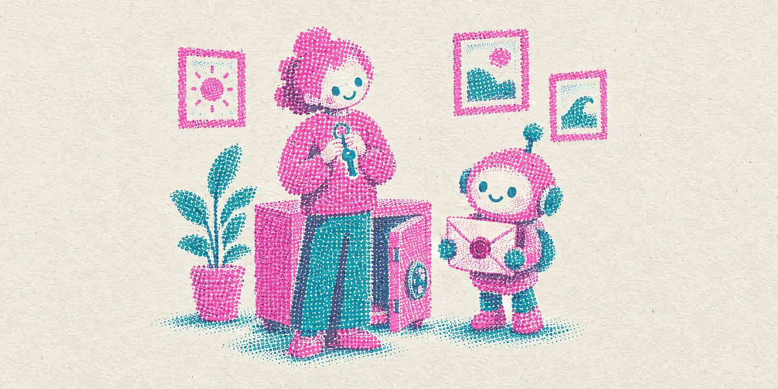 A person holds their own key close beside their own safe, next to a small robot holding a sealed envelope
