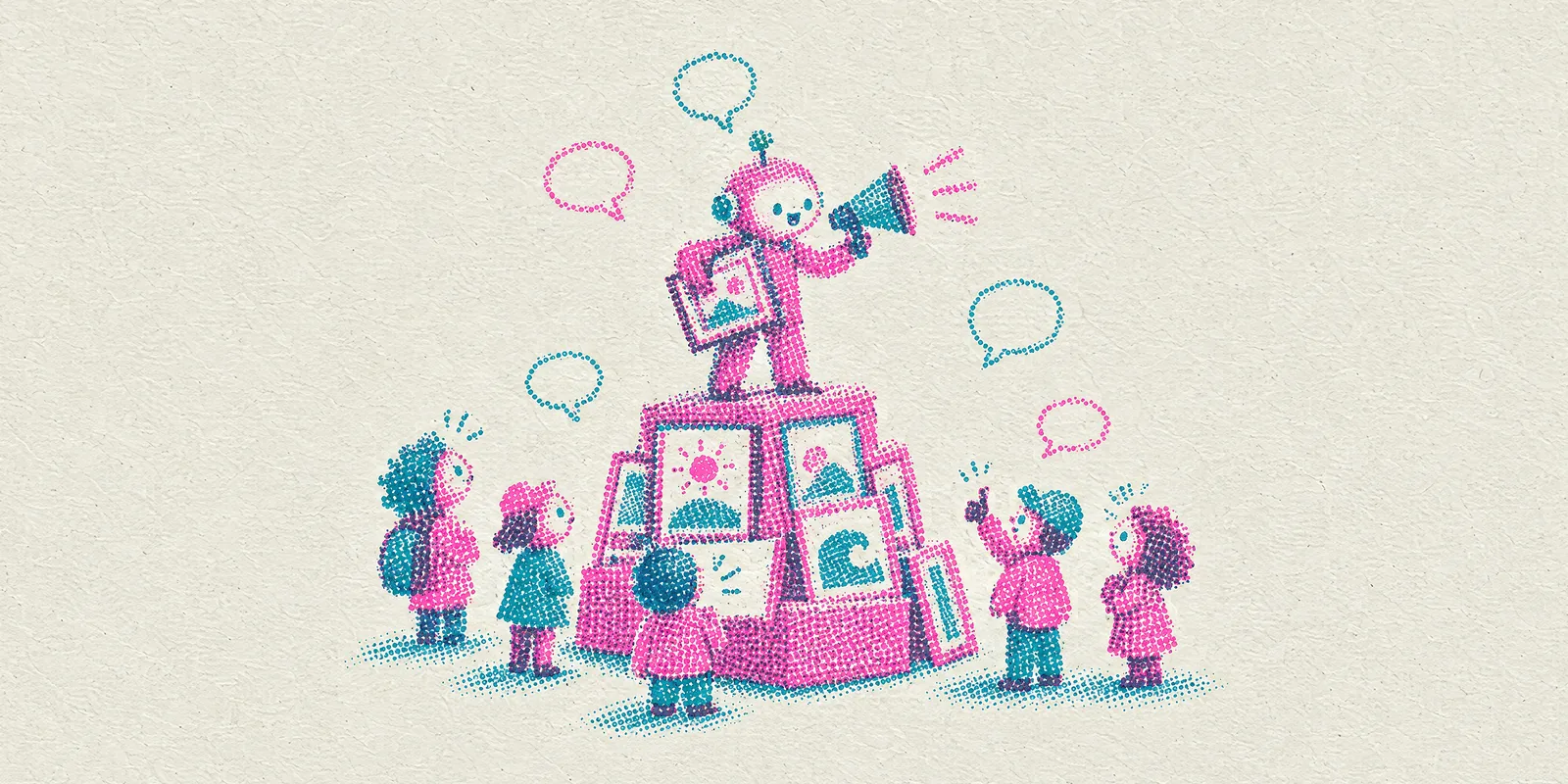 A holder stands on a soapbox made of framed pictures and speaks through a megaphone to a small crowd