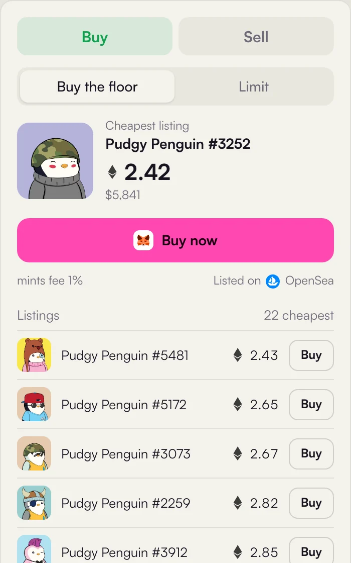 The Buy the floor panel: the cheapest listing with Buy now, the mints fee, and a list of listings with Buy buttons