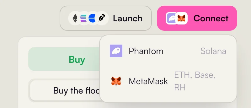 The Connect menu with Phantom for Solana and MetaMask for Ethereum, Base and Robinhood Chain