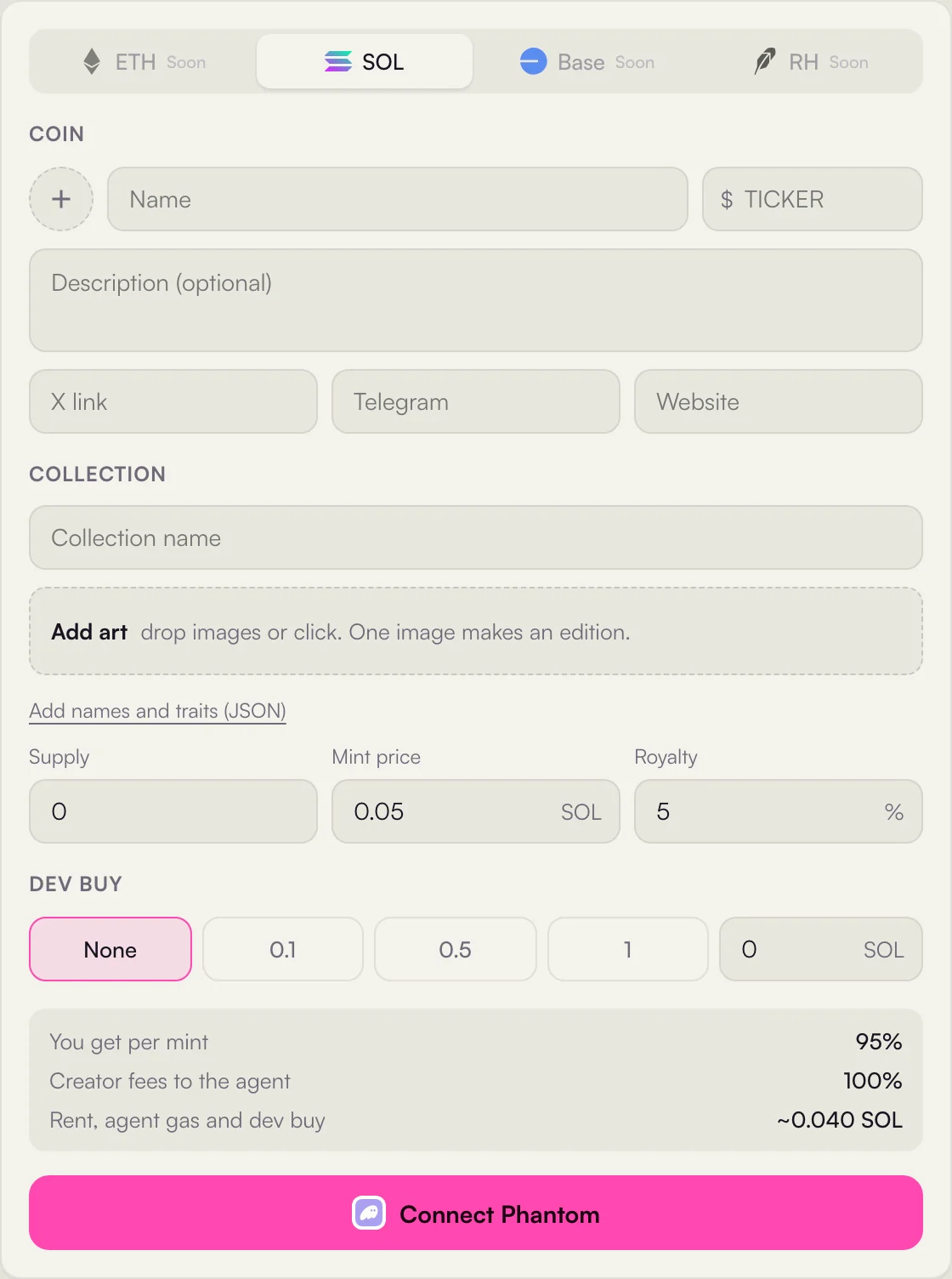 The launch form with network, coin, collection, art, numbers, dev buy and a summary