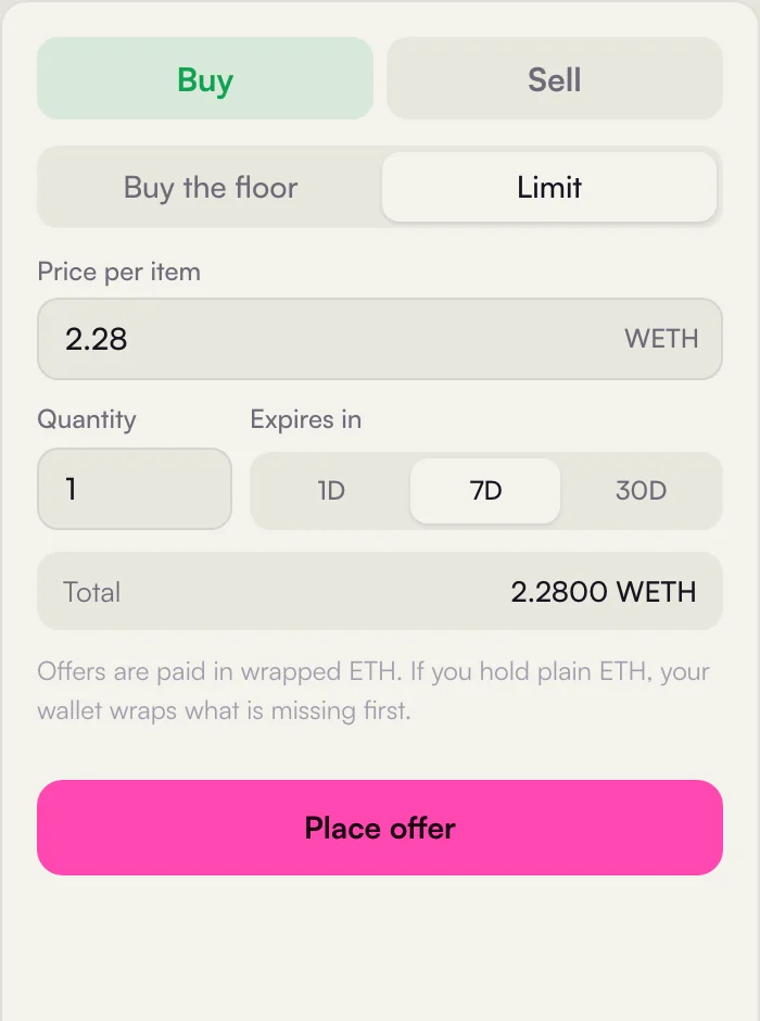 The Limit tab of the trade panel: price per item, quantity, expiry, total and Place offer