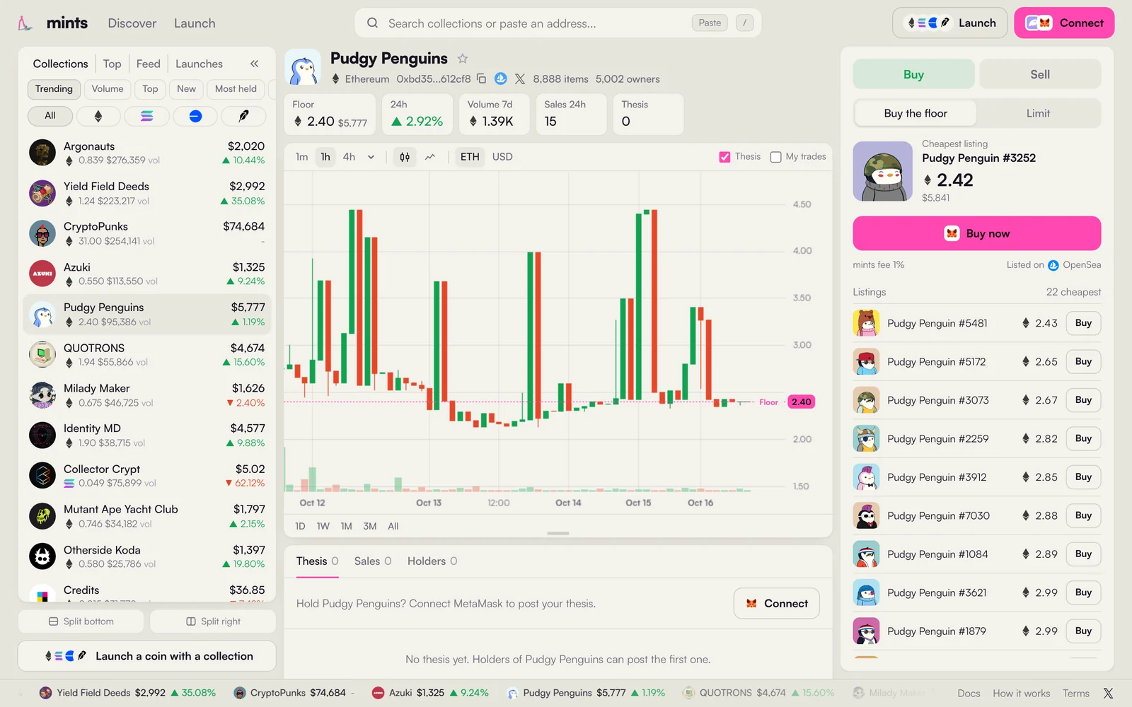 A mints collection page: collection lists on the left, the floor chart in the middle, Buy the floor on the right